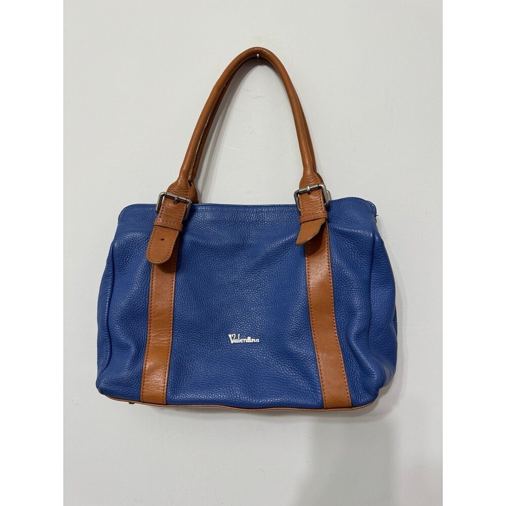 VALENTINA BLUE AND BROWN LEATHER  DOUBLE STRAP HANDBAG